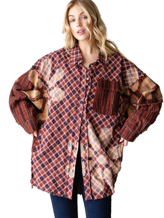 Oli & Hali Tops - Oli & Hali | Women’s Boho Mixed Media Plaid Flannel Shacket Floral Detail Size L